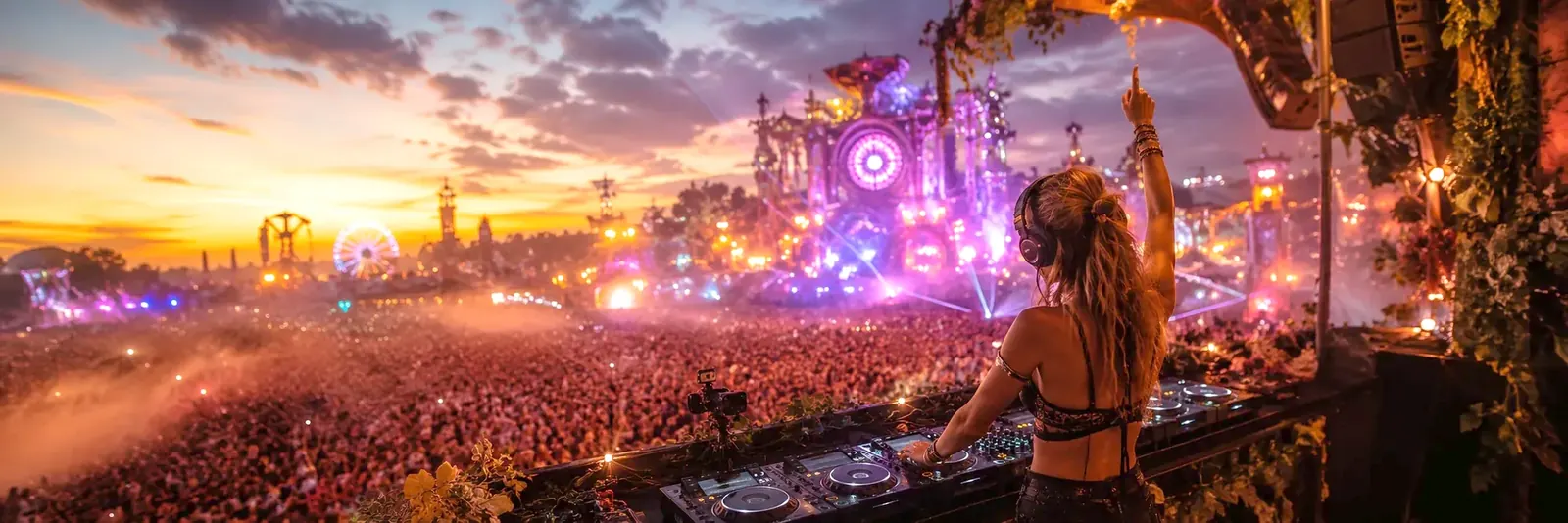 DJ am Pult vor riesiger Festival-Crowd bei Sonnenuntergang