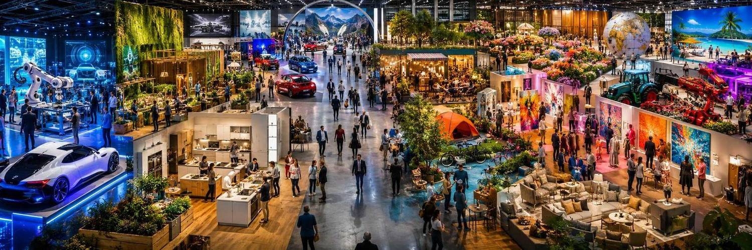 Große Messehalle mit vielen Ständen aus Technik, Garten, Mode, Kunst und Auto